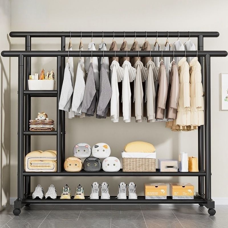 Heavy-Duty Double Rail Clothes Rack with Shelves and Wheels
