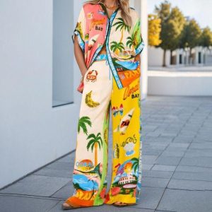 Women’s Printed Two-Piece Set – Short-Sleeve Button Shirt & Wide-Leg Pants
